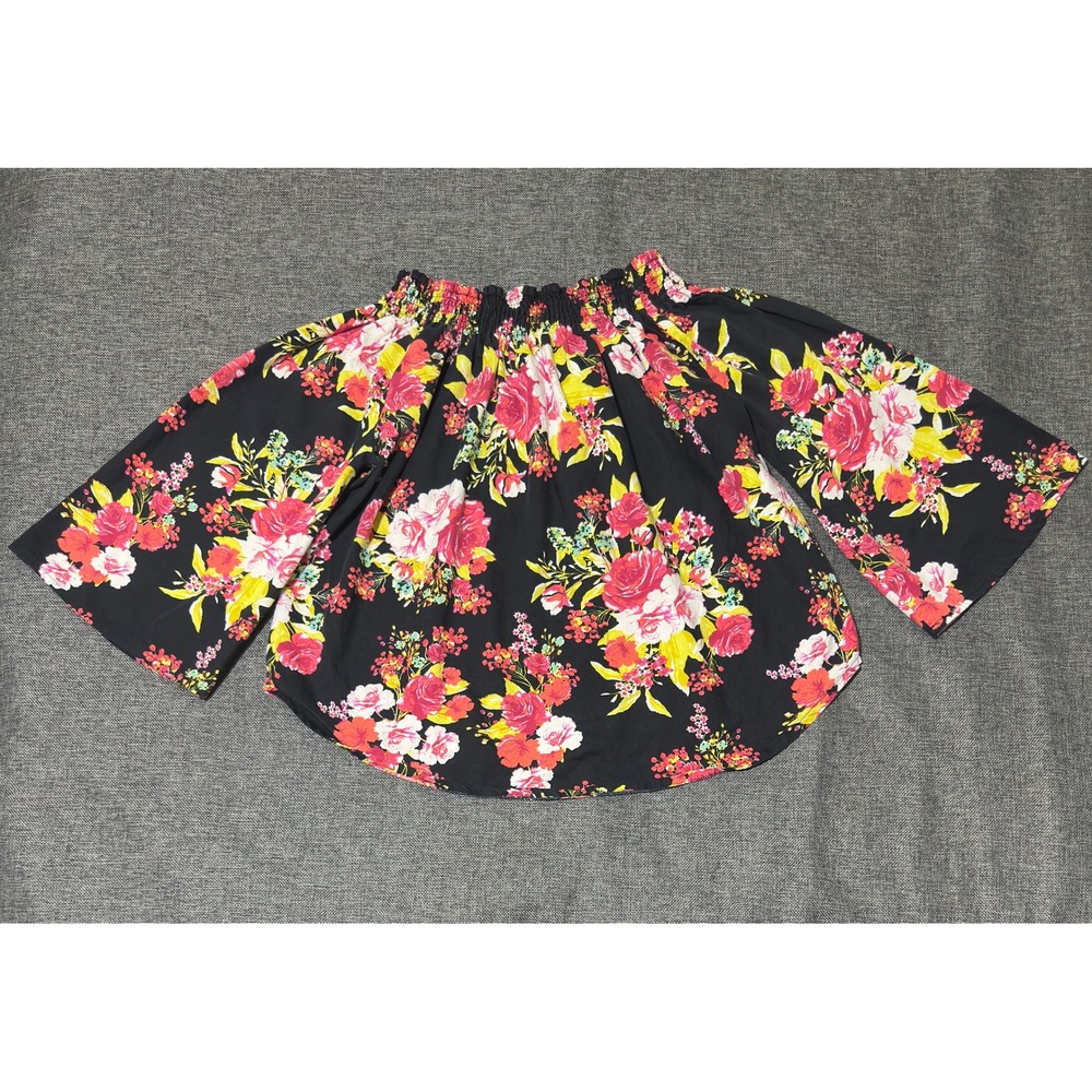 Derek Heart Women's XL Blouse Black Floral Off The Shoulder Bell Sleeve
